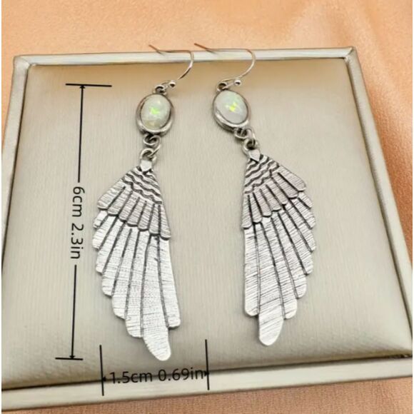 Silver Carved Feather Wings Earrings - Picture 2 of 3